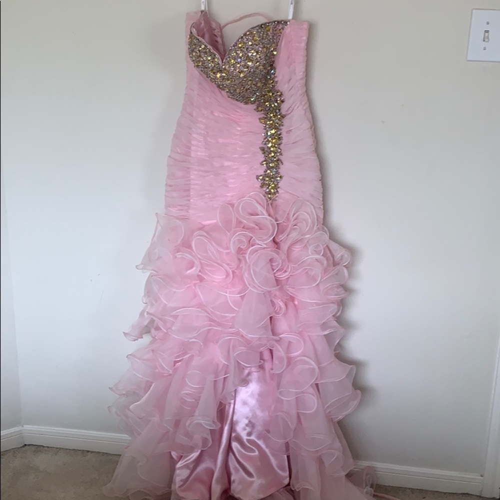 PROM DRESS| Long Pink High-Low with rhinestones